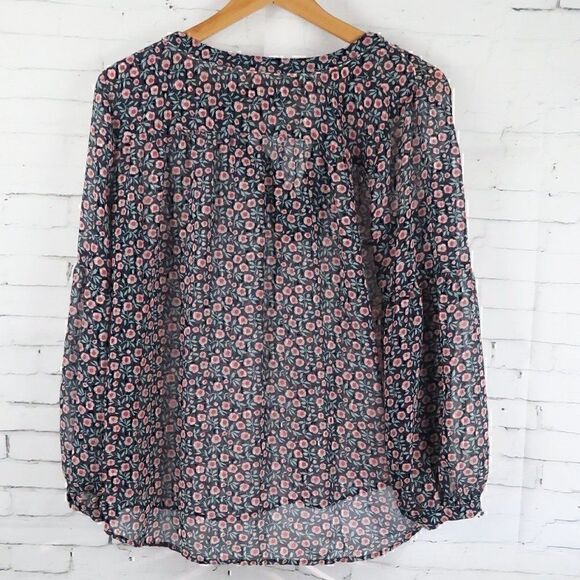 ANN TAYLOR LOFT PETITES BLUE FLORAL SEMI SHEER V NECK LONG SLEEVE TOP SIZE MP - Picture 8 of 10